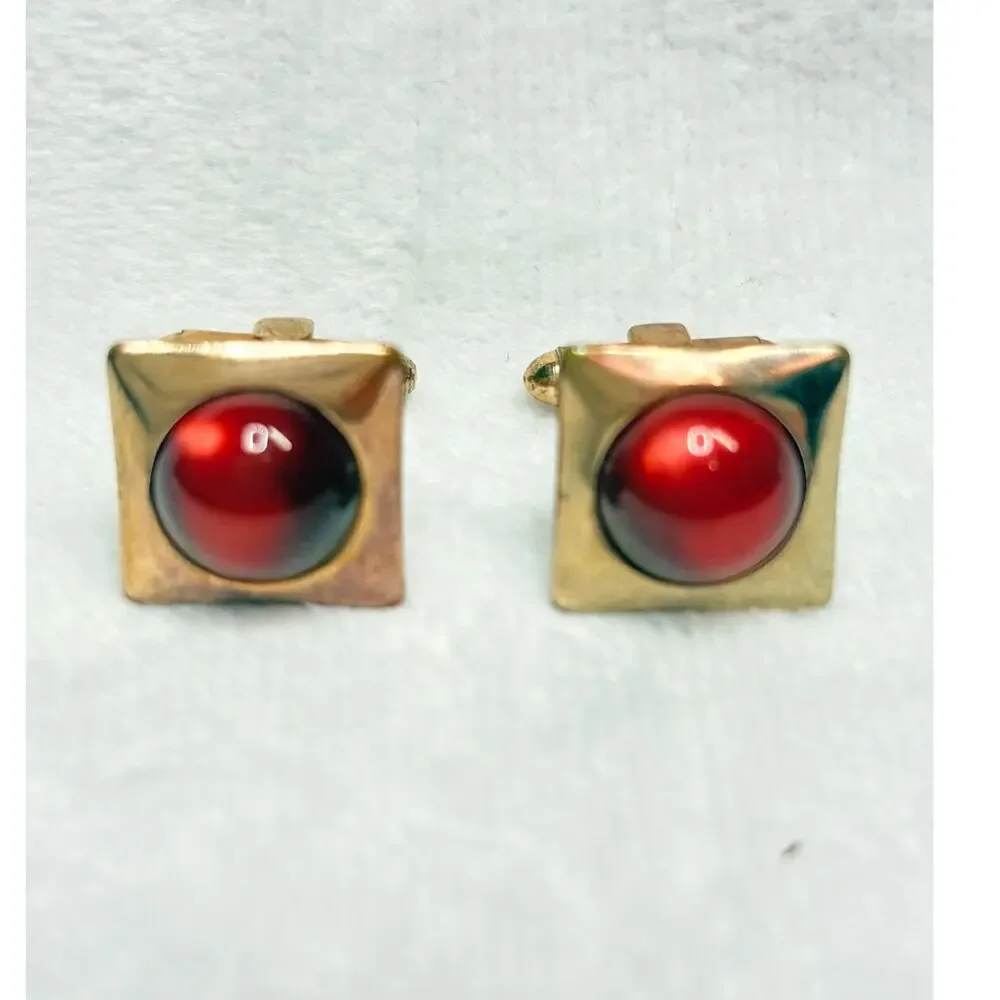 Vintage Pioneer Gold‑Tone Cufflinks with Ruby Thermoset Domes, 1960s–70s